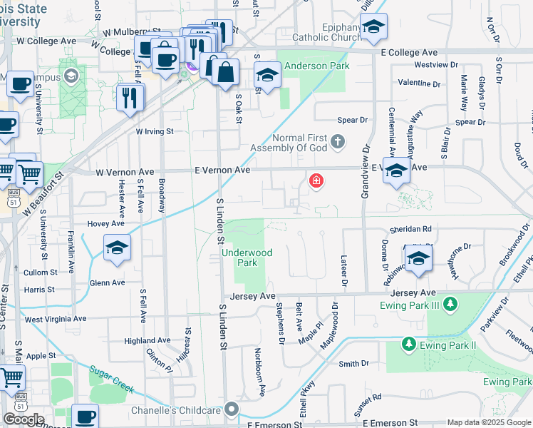 map of restaurants, bars, coffee shops, grocery stores, and more near 313 East Vernon Avenue in Normal