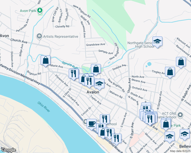 map of restaurants, bars, coffee shops, grocery stores, and more near 647 Center Avenue in Bellevue