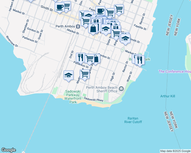 map of restaurants, bars, coffee shops, grocery stores, and more near 121 State Street in Perth Amboy