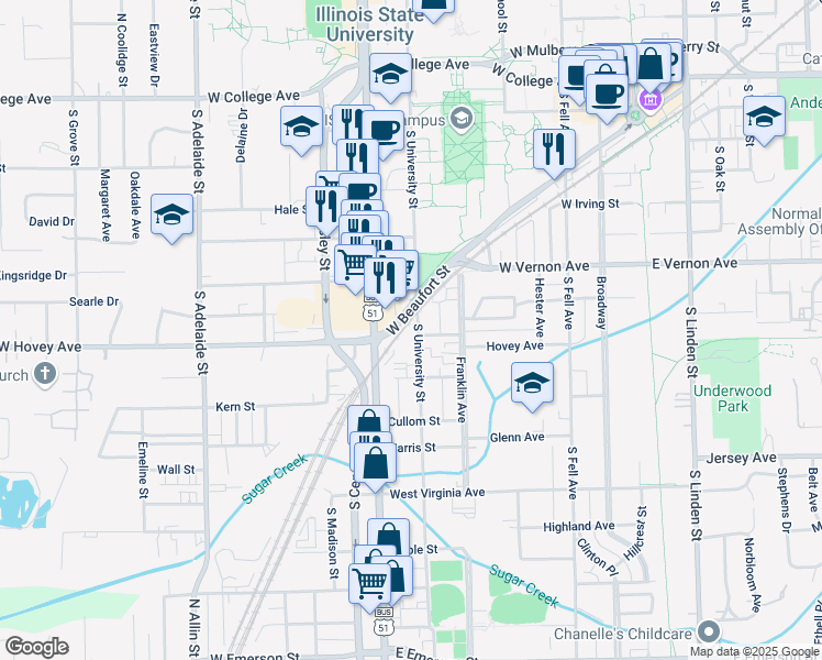 map of restaurants, bars, coffee shops, grocery stores, and more near 801 South University Street in Normal
