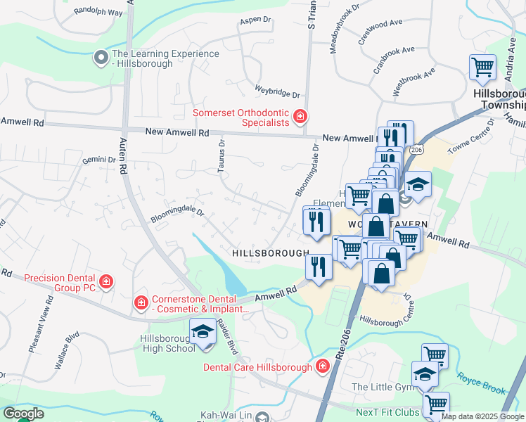 map of restaurants, bars, coffee shops, grocery stores, and more near 53 Taurus Drive in Hillsborough Township
