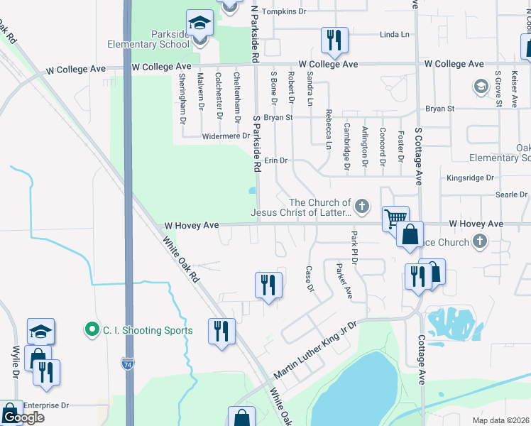 map of restaurants, bars, coffee shops, grocery stores, and more near 314 South Parkside Road in Normal