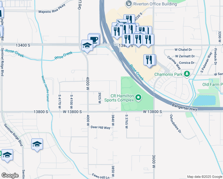 map of restaurants, bars, coffee shops, grocery stores, and more near 13667 3870 West in Riverton