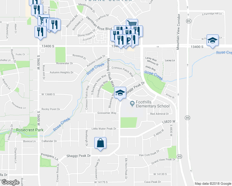 map of restaurants, bars, coffee shops, grocery stores, and more near 13661 Bluewing Way in Riverton