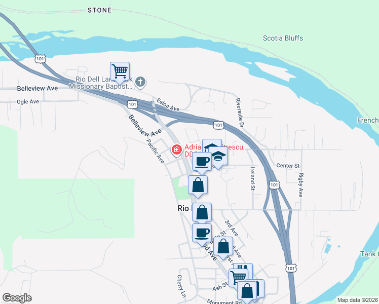 map of restaurants, bars, coffee shops, grocery stores, and more near 38 Painter Street in Rio Dell
