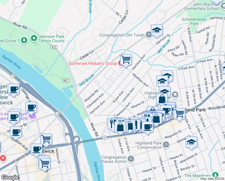 map of restaurants, bars, coffee shops, grocery stores, and more near 221 Harrison Avenue in Highland Park