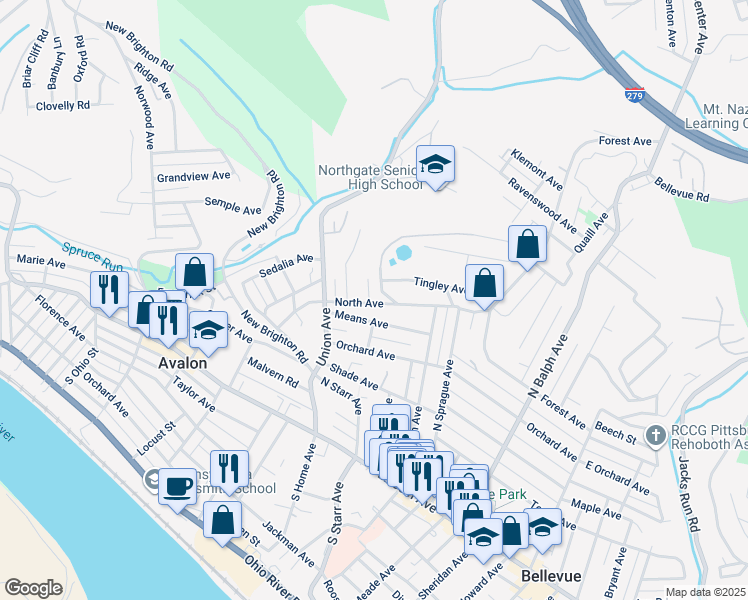 map of restaurants, bars, coffee shops, grocery stores, and more near 708 North Avenue in Bellevue