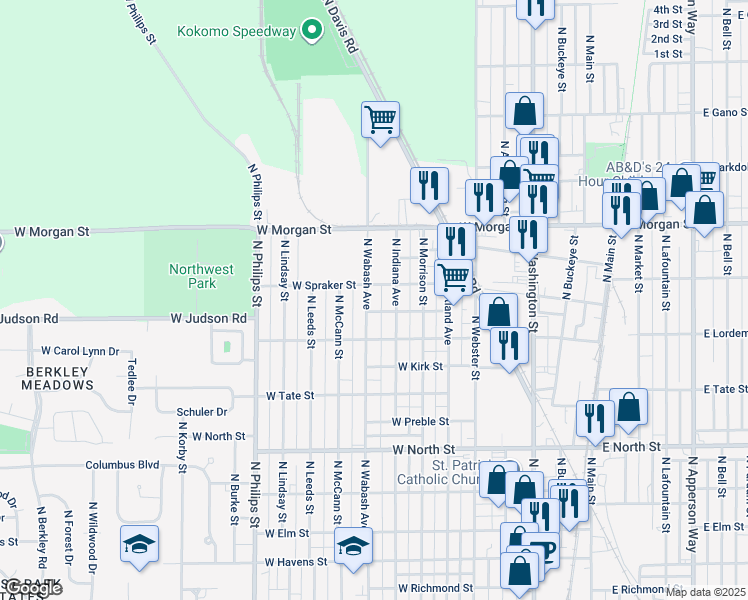 map of restaurants, bars, coffee shops, grocery stores, and more near 1808 N Wabash St in Kokomo