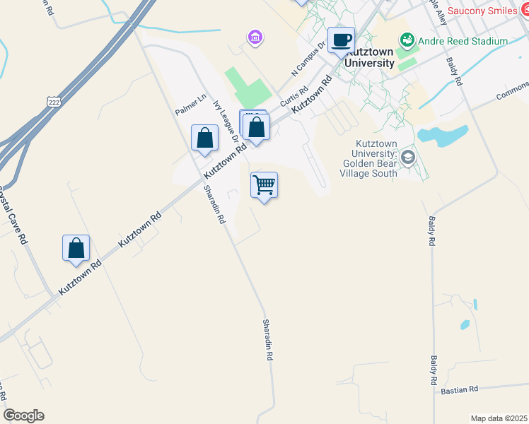 map of restaurants, bars, coffee shops, grocery stores, and more near 15100 Kutztown Road in Kutztown