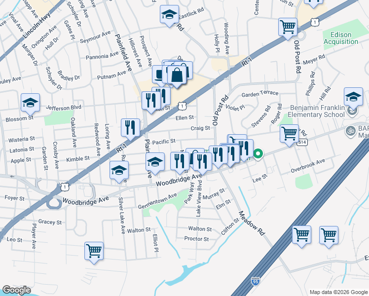 map of restaurants, bars, coffee shops, grocery stores, and more near 57 Market Street in Edison