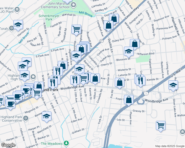 map of restaurants, bars, coffee shops, grocery stores, and more near 141 Barnard Street in Highland Park