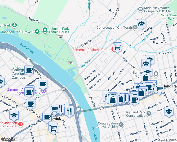 map of restaurants, bars, coffee shops, grocery stores, and more near 801 Mia Drive in Highland Park