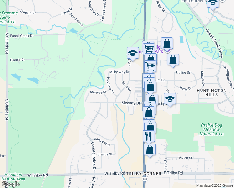 map of restaurants, bars, coffee shops, grocery stores, and more near 6008 Neptune Drive in Fort Collins