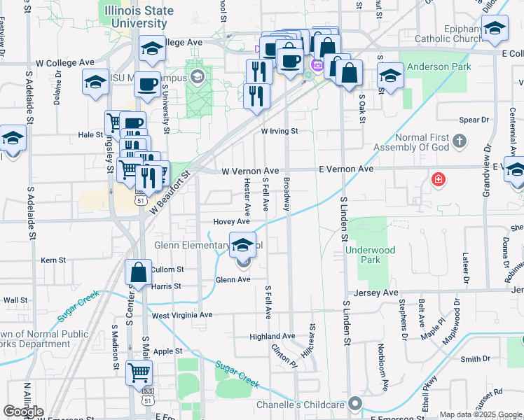 map of restaurants, bars, coffee shops, grocery stores, and more near 811 South Fell Avenue in Normal