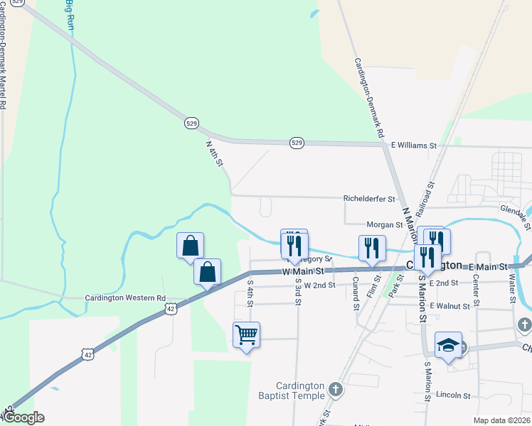 map of restaurants, bars, coffee shops, grocery stores, and more near 209 Richelderfer Street in Cardington