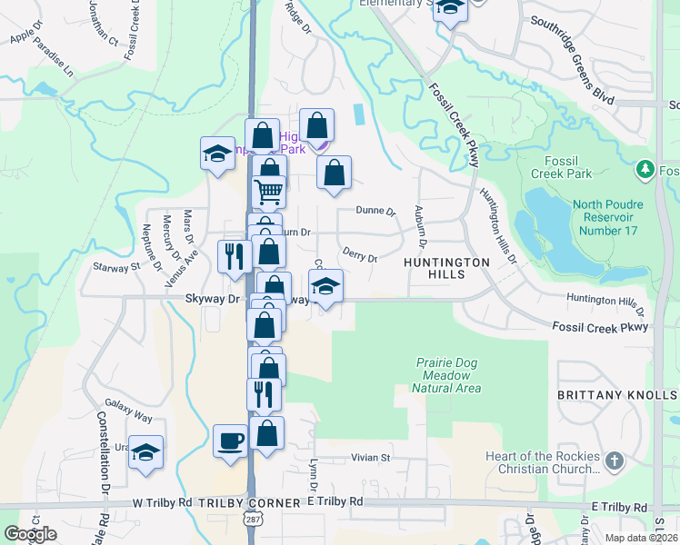 map of restaurants, bars, coffee shops, grocery stores, and more near 345 Brinn Court in Fort Collins