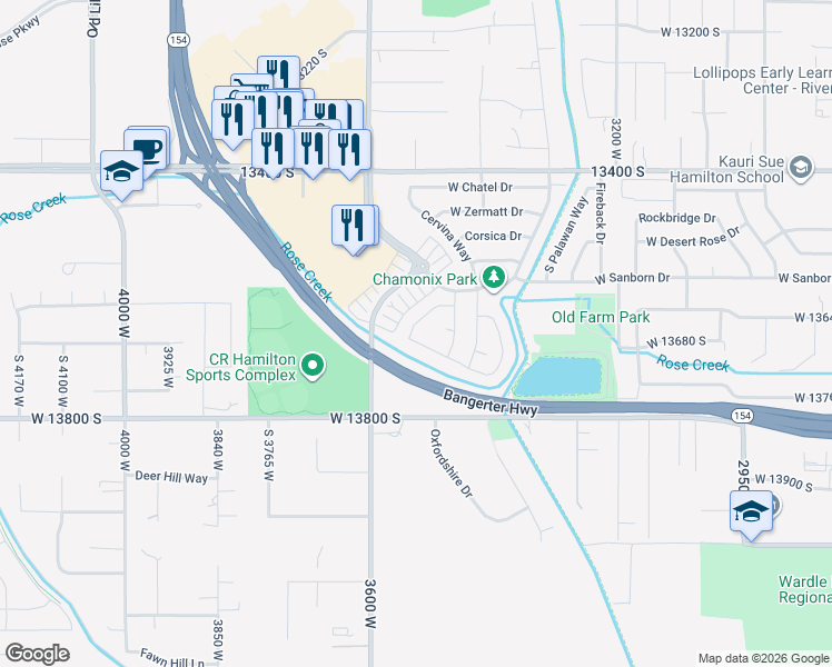 map of restaurants, bars, coffee shops, grocery stores, and more near 13667 Meribel Way in Riverton