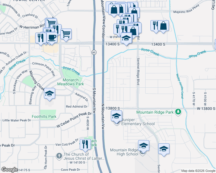 map of restaurants, bars, coffee shops, grocery stores, and more near 4701 West 13400 South in Riverton