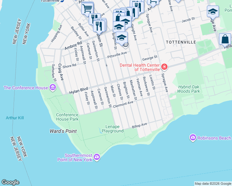 map of restaurants, bars, coffee shops, grocery stores, and more near 280 Chelsea Street in Staten Island