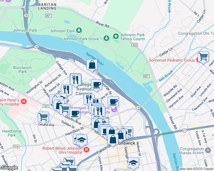 map of restaurants, bars, coffee shops, grocery stores, and more near State Highway 18 in New Brunswick