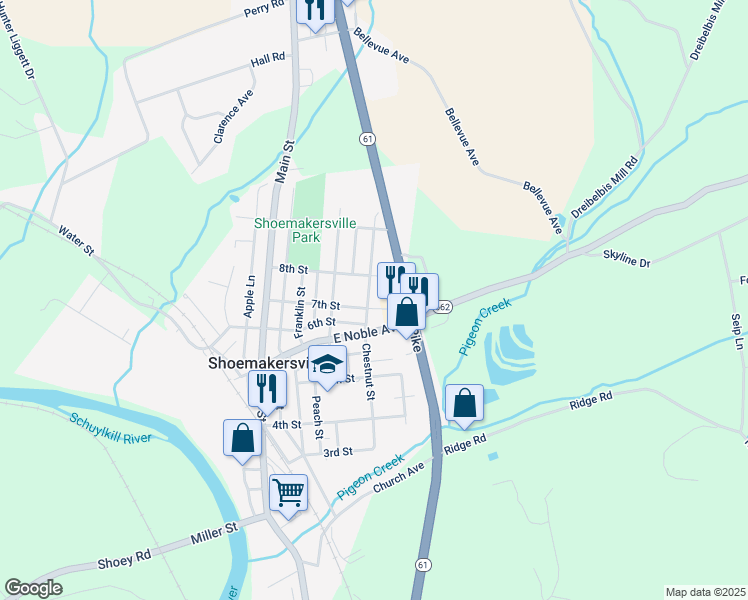 map of restaurants, bars, coffee shops, grocery stores, and more near 702 Chestnut Street in Shoemakersville