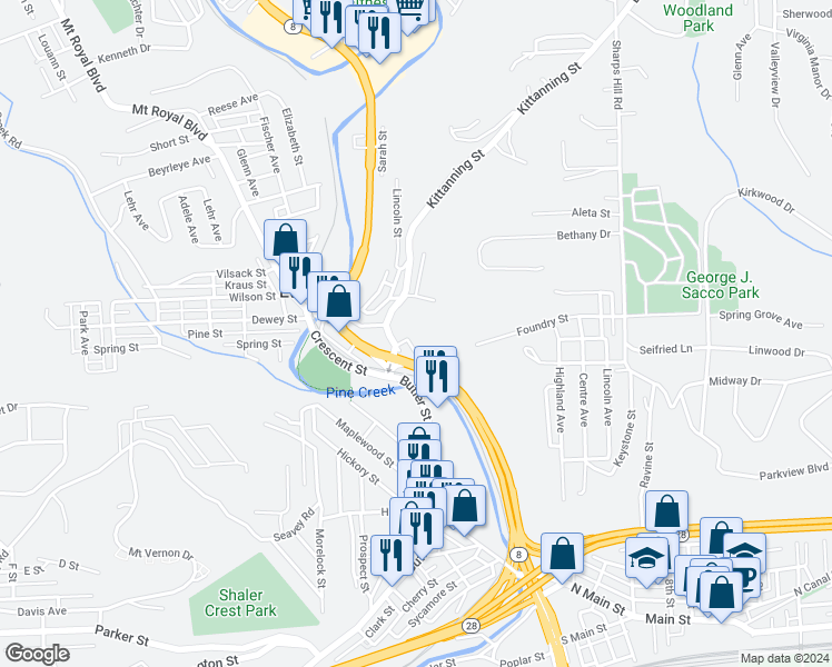 map of restaurants, bars, coffee shops, grocery stores, and more near 34 Ganster Street in Pittsburgh