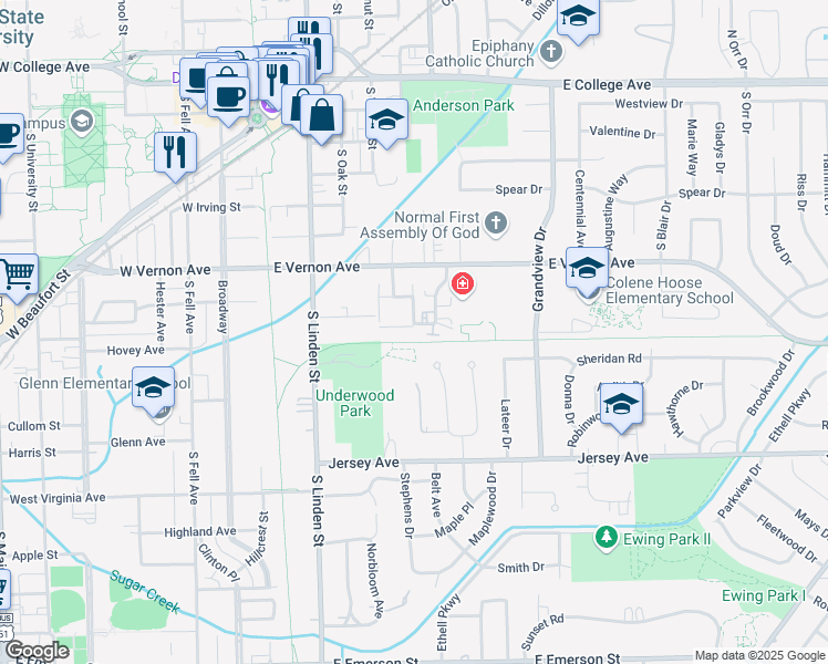 map of restaurants, bars, coffee shops, grocery stores, and more near 317 East Vernon Avenue in Normal