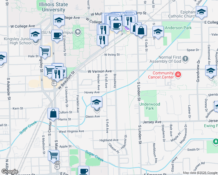 map of restaurants, bars, coffee shops, grocery stores, and more near 809 Broadway in Normal