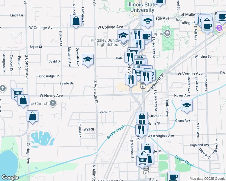 map of restaurants, bars, coffee shops, grocery stores, and more near 1005 Morgan Street in Normal