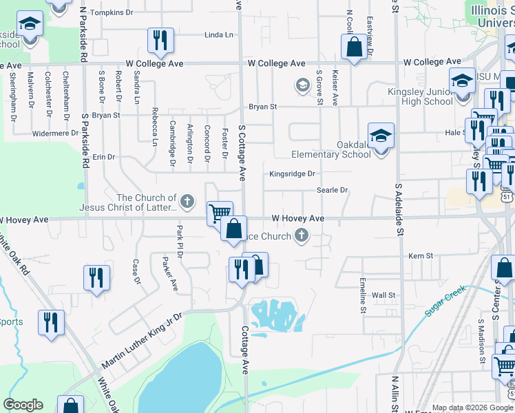 map of restaurants, bars, coffee shops, grocery stores, and more near 809 Highpoint Road in Normal