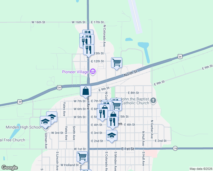 map of restaurants, bars, coffee shops, grocery stores, and more near 721 North Colorado Avenue in Minden