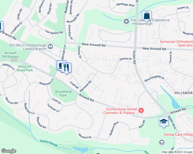 map of restaurants, bars, coffee shops, grocery stores, and more near 668 Marshall Road in Somerset County