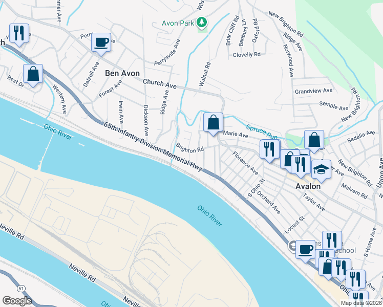 map of restaurants, bars, coffee shops, grocery stores, and more near 10 Cliff Park Street in Pittsburgh