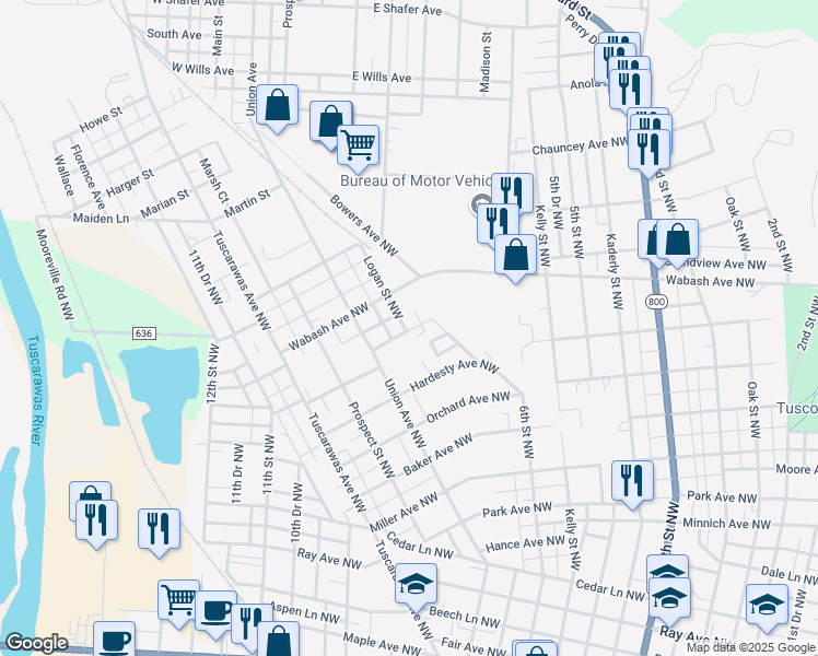 map of restaurants, bars, coffee shops, grocery stores, and more near 913 Logan Street Northwest in New Philadelphia