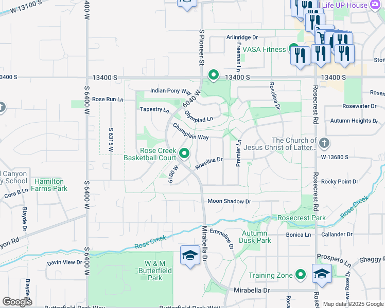 map of restaurants, bars, coffee shops, grocery stores, and more near 13678 Hansomcab Way in Herriman