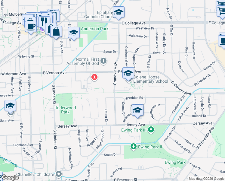 map of restaurants, bars, coffee shops, grocery stores, and more near 615 Grandview Drive in Normal