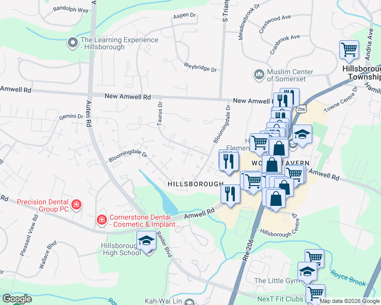 map of restaurants, bars, coffee shops, grocery stores, and more near 53 Taurus Drive in Hillsborough Township