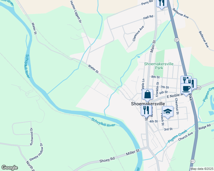 map of restaurants, bars, coffee shops, grocery stores, and more near 756 Water Street in Shoemakersville