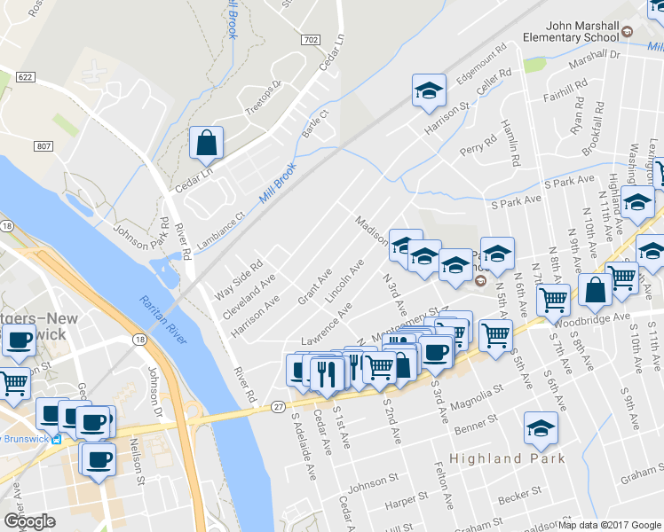 map of restaurants, bars, coffee shops, grocery stores, and more near 235 Grant Avenue in Highland Park