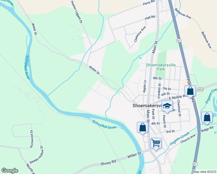 map of restaurants, bars, coffee shops, grocery stores, and more near 756 Water Street in Shoemakersville