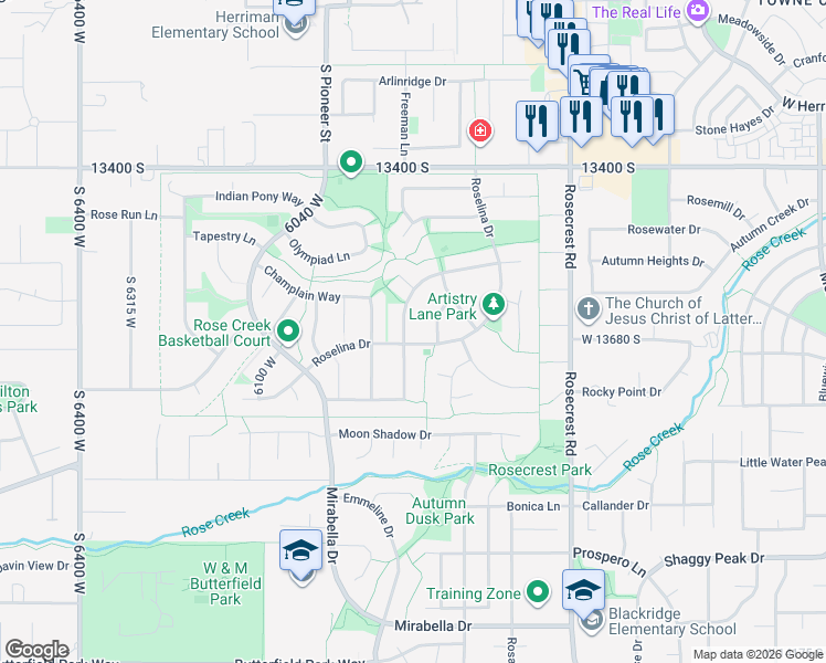 map of restaurants, bars, coffee shops, grocery stores, and more near 13667 Premier Lane in Herriman