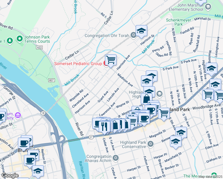 map of restaurants, bars, coffee shops, grocery stores, and more near 235 Grant Avenue in Highland Park