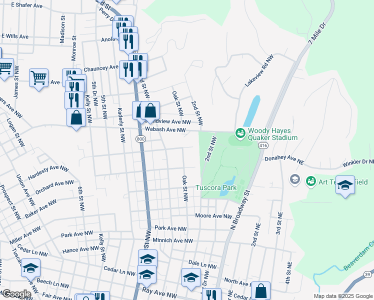 map of restaurants, bars, coffee shops, grocery stores, and more near 939 Oak Street Northwest in New Philadelphia