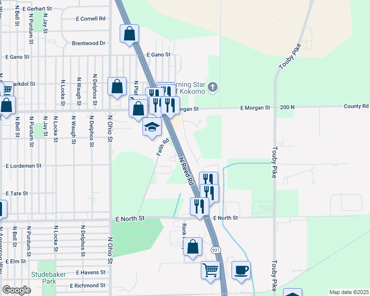map of restaurants, bars, coffee shops, grocery stores, and more near 1709-1805 Northview Boulevard in Kokomo