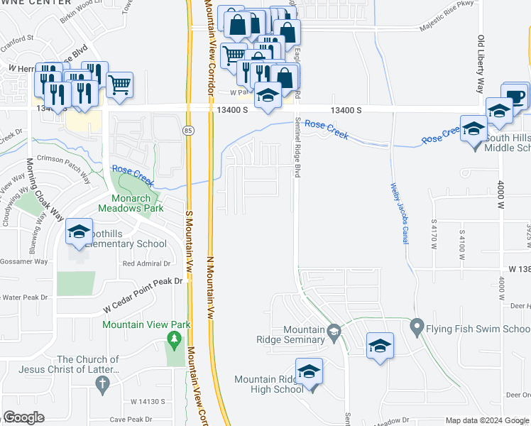 map of restaurants, bars, coffee shops, grocery stores, and more near 4602 Ledger Drive in Riverton