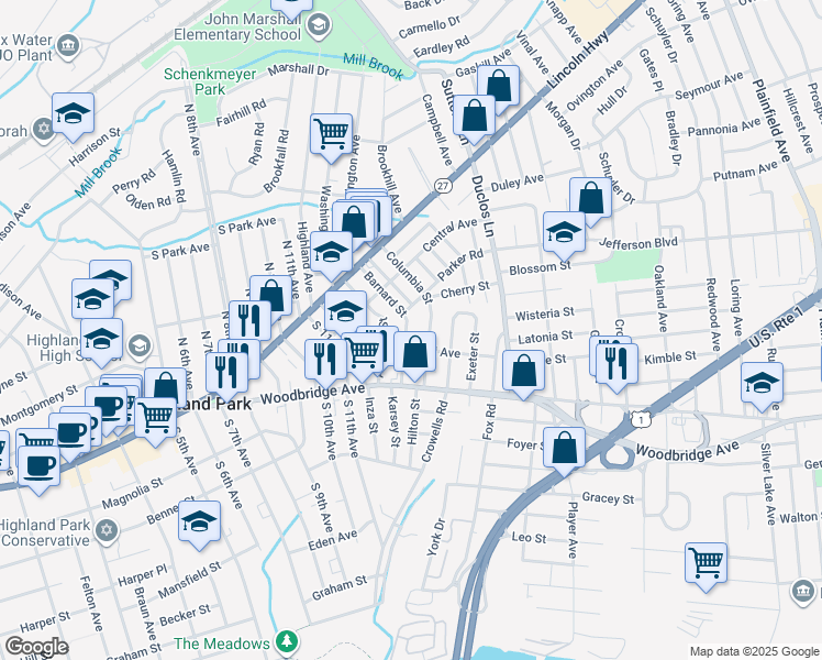 map of restaurants, bars, coffee shops, grocery stores, and more near 141 Barnard Street in Highland Park