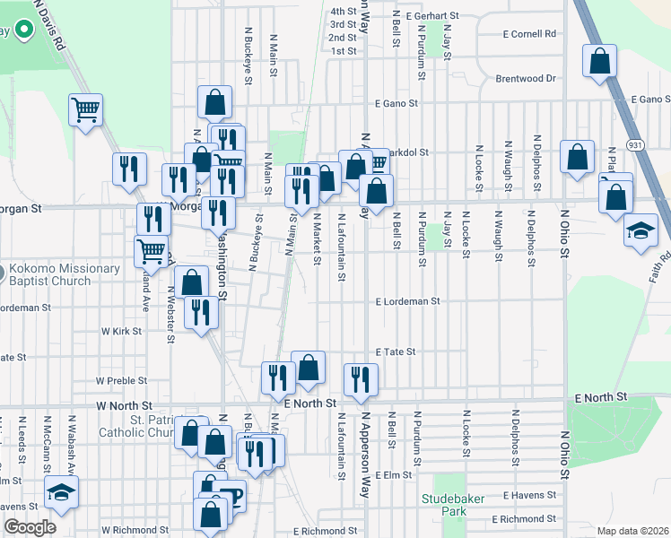 map of restaurants, bars, coffee shops, grocery stores, and more near 1809 North Lafountain Street in Kokomo