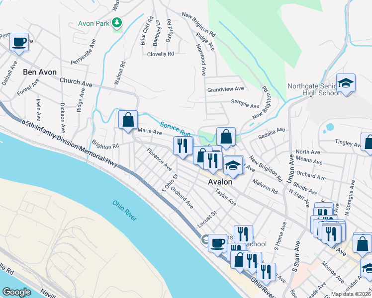 map of restaurants, bars, coffee shops, grocery stores, and more near 530 Marie Avenue in Pittsburgh