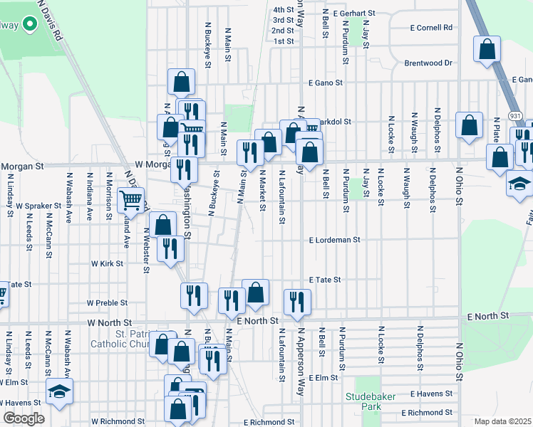 map of restaurants, bars, coffee shops, grocery stores, and more near 1810 North Market Street in Kokomo