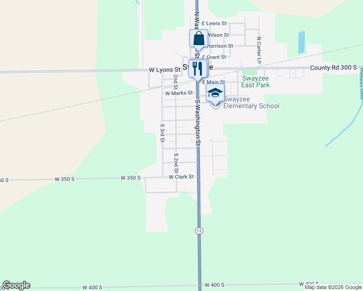 map of restaurants, bars, coffee shops, grocery stores, and more near 114 West Cole Street in Swayzee